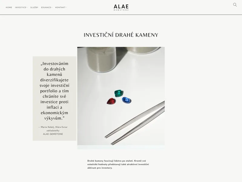 Úvodní stránka e-shopu ALAE Gemstone s investičními drahými kameny
